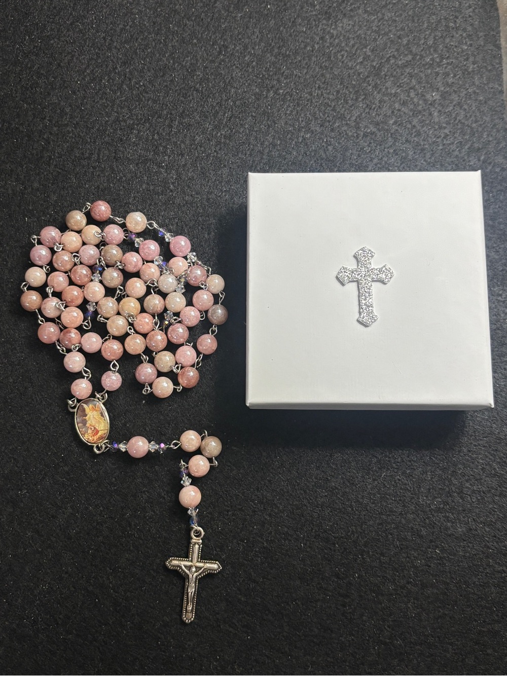 Handmade Iridescent Rose Pink Guardian Angel Catholic Rosary With Gift Box